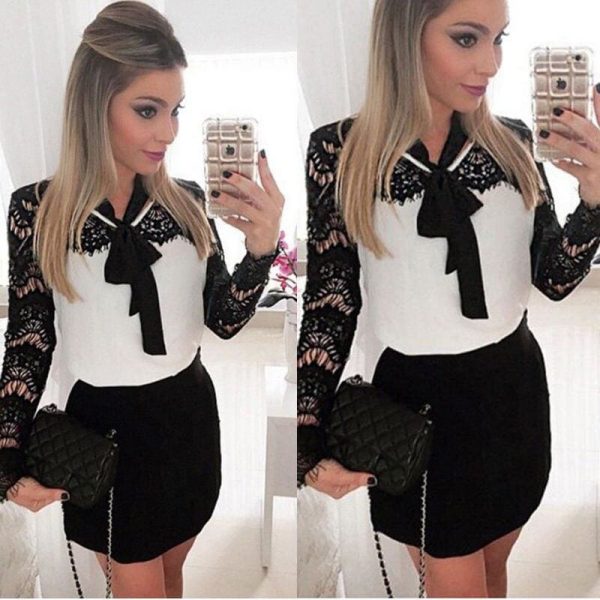 The Best Women Ladies Evening Party Dress Long Sleeve Lace Floral Bow Straight High Waist Mini Dress Online - Source Silk