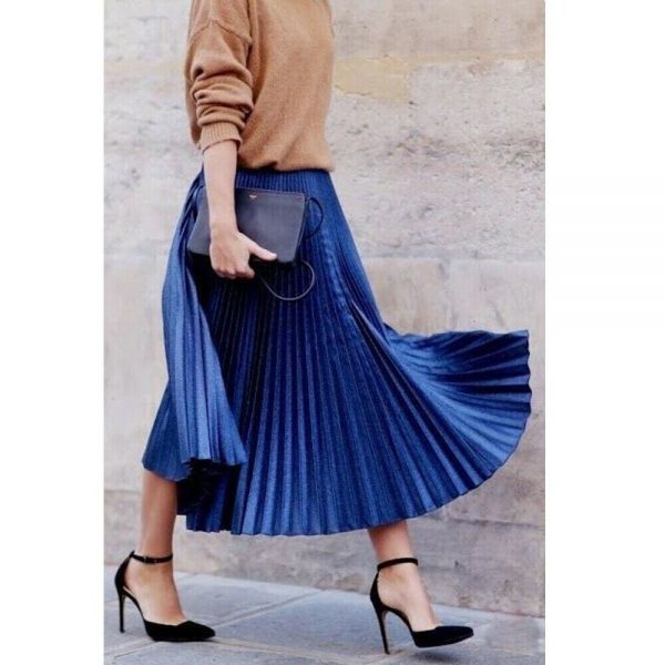 The Best Women Ladies Fashion High Waist Loose Maxi Skirt Pleated Retro Elastic Waist Long Skirt Casual Solid Bottoms Online - Takalr