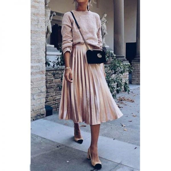 The Best Women Ladies Fashion High Waist Loose Maxi Skirt Pleated Retro Elastic Waist Long Skirt Casual Solid Bottoms Online - Takalr