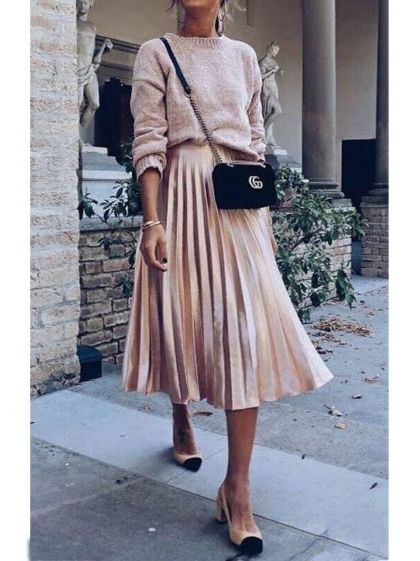 The Best Women Ladies Fashion High Waist Loose Maxi Skirt Pleated Retro Elastic Waist Long Skirt Casual Solid Bottoms Online - Takalr