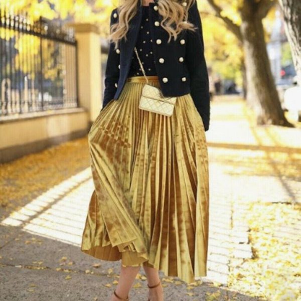 The Best Women Ladies Fashion High Waist Loose Maxi Skirt Pleated Retro Elastic Waist Long Skirt Casual Solid Bottoms Online - Takalr