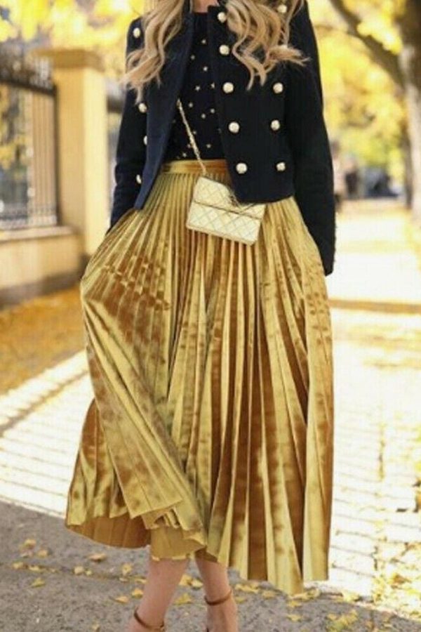 The Best Women Ladies Fashion High Waist Loose Maxi Skirt Pleated Retro Elastic Waist Long Skirt Casual Solid Bottoms Online - Takalr