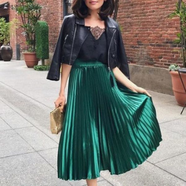 The Best Women Ladies Fashion High Waist Loose Maxi Skirt Pleated Retro Elastic Waist Long Skirt Casual Solid Bottoms Online - Takalr