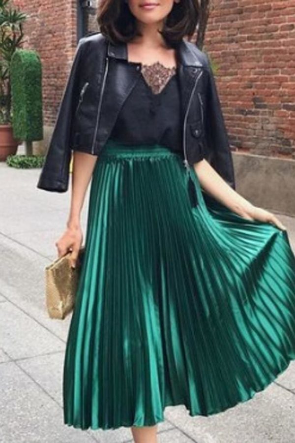 The Best Women Ladies Fashion High Waist Loose Maxi Skirt Pleated Retro Elastic Waist Long Skirt Casual Solid Bottoms Online - Takalr