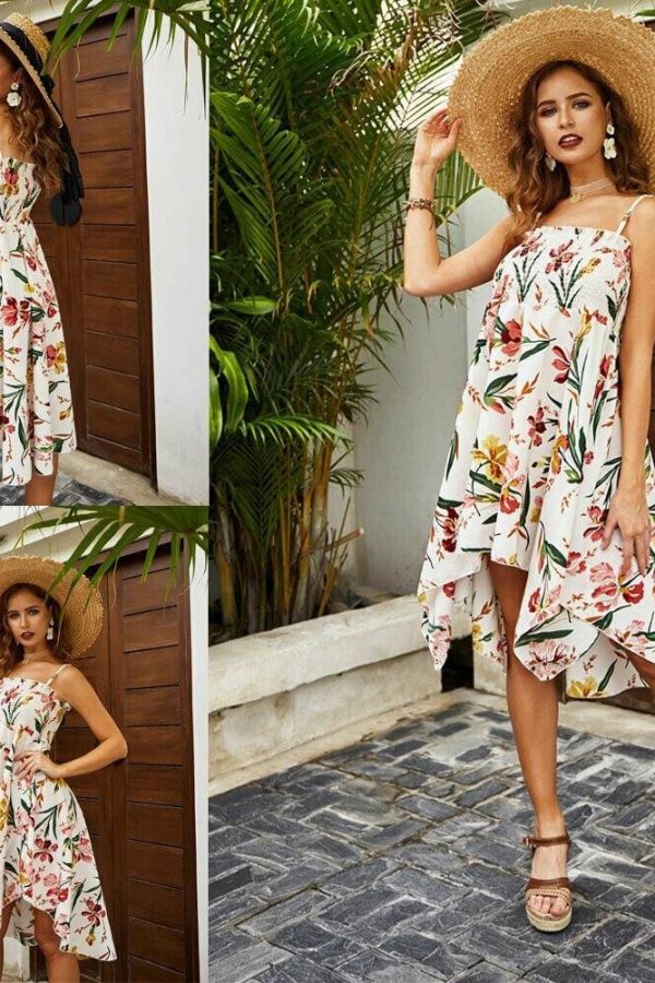 The Best Women Ladies Floral Print Strap Swing Dress Backless Casual Irregular Hem Sundress Summer Beach Holiday Dresses Online - Takalr