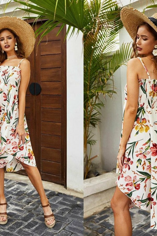 The Best Women Ladies Floral Print Strap Swing Dress Backless Casual Irregular Hem Sundress Summer Beach Holiday Dresses Online - Takalr