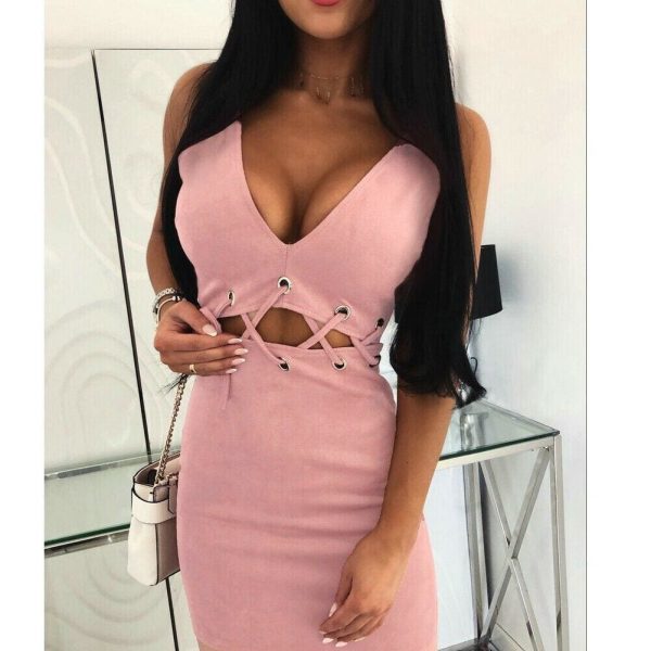 The Best Women Ladies Halter Sleeveless Bandage Bodycon Mini Dress Solid Casual Summer Beach Hollow Slim Sundress Online - Takalr