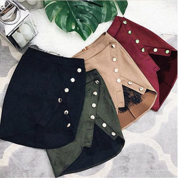 The Best Women Ladies High Waist Pencil Skirts Button Lace Patchwork Sexy Bodycon Suede Leather Split Party Casual Mini Skirt Online - Takalr