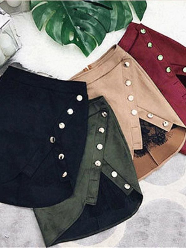 The Best Women Ladies High Waist Pencil Skirts Button Lace Patchwork Sexy Bodycon Suede Leather Split Party Casual Mini Skirt Online - Takalr