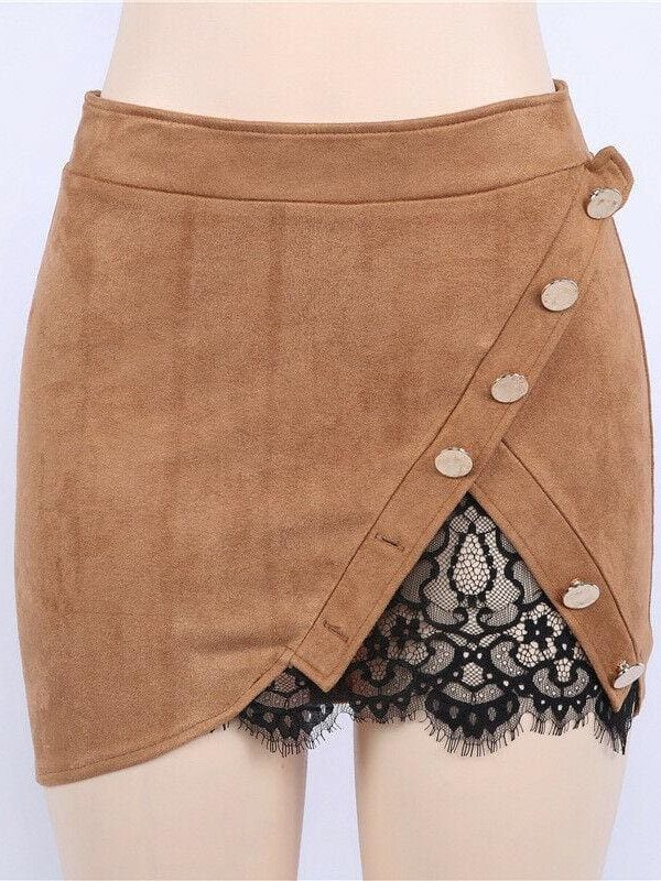 The Best Women Ladies High Waist Pencil Skirts Button Lace Patchwork Sexy Bodycon Suede Leather Split Party Casual Mini Skirt Online - Takalr