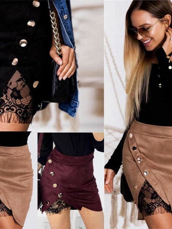 The Best Women Ladies High Waist Pencil Skirts Button Lace Patchwork Sexy Bodycon Suede Leather Split Party Casual Mini Skirt Online - Takalr