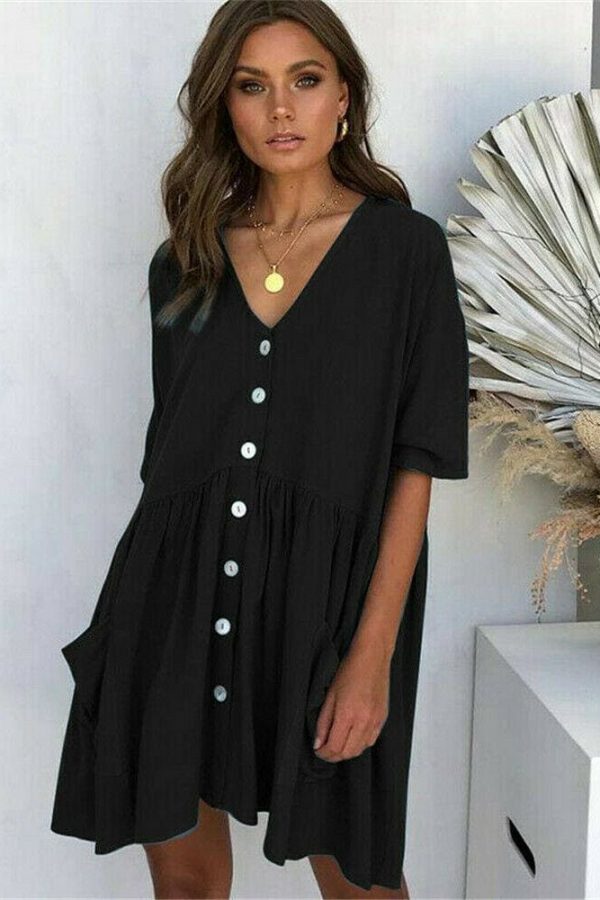 The Best Women Ladies Holiday Short Sleeve Loose Button Pocket Dresses Summer Beach Mini Swing Sun Dress Tops Online - Takalr