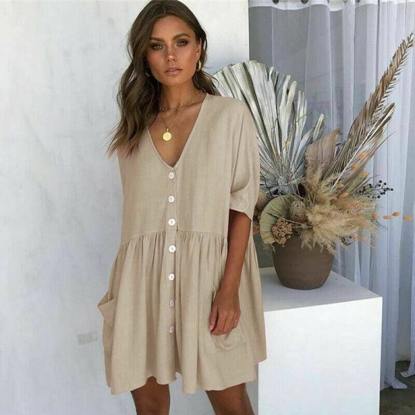 The Best Women Ladies Holiday Short Sleeve Loose Button Pocket Dresses Summer Beach Mini Swing Sun Dress Tops Online - Takalr