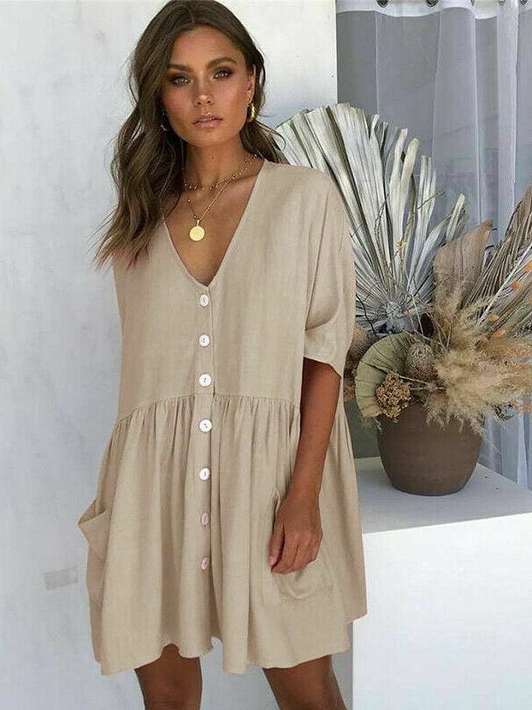 The Best Women Ladies Holiday Short Sleeve Loose Button Pocket Dresses Summer Beach Mini Swing Sun Dress Tops Online - Takalr