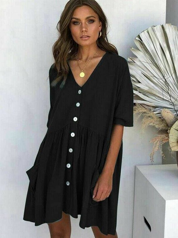 The Best Women Ladies Holiday Short Sleeve Loose Button Pocket Dresses Summer Beach Mini Swing Sun Dress Tops Online - Takalr