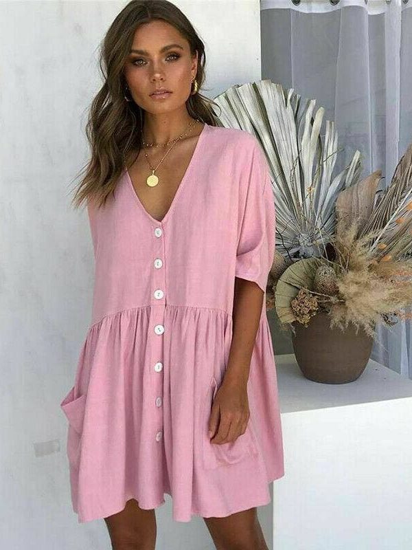 The Best Women Ladies Holiday Short Sleeve Loose Button Pocket Dresses Summer Beach Mini Swing Sun Dress Tops Online - Takalr