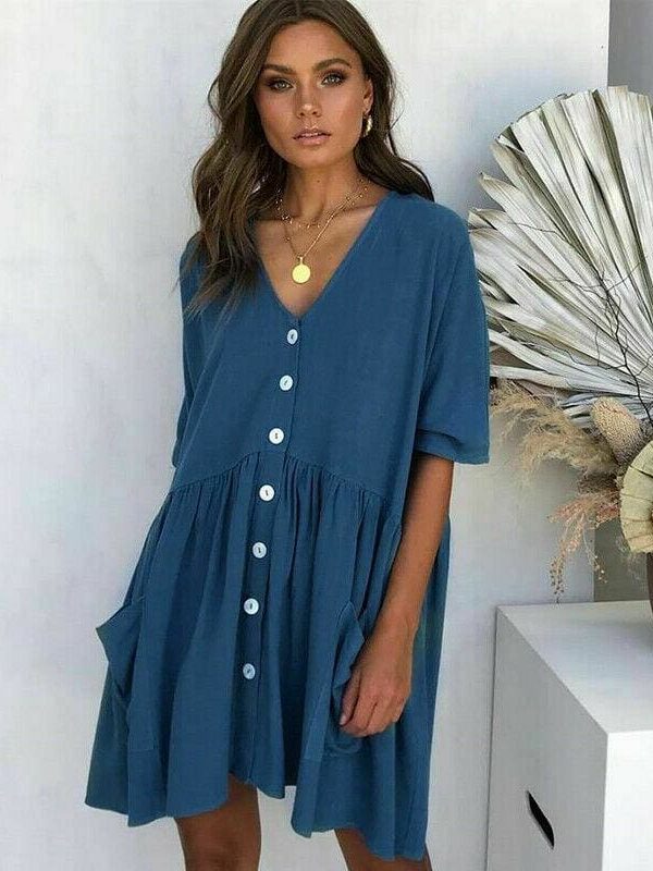 The Best Women Ladies Holiday Short Sleeve Loose Button Pocket Dresses Summer Beach Mini Swing Sun Dress Tops Online - Takalr