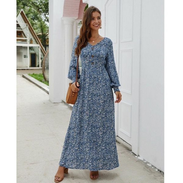 The Best Women Ladies Long Lantern Sleeve Autumn Dress Floral Autumn Pre-fall Holiday Buttons Maxi Dress Online - Takalr