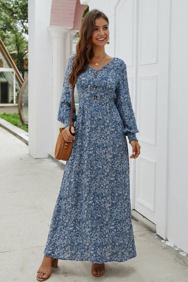 The Best Women Ladies Long Lantern Sleeve Autumn Dress Floral Autumn Pre-fall Holiday Buttons Maxi Dress Online - Takalr