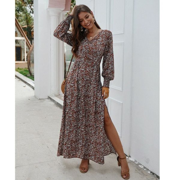 The Best Women Ladies Long Lantern Sleeve Autumn Dress Floral Autumn Pre-fall Holiday Buttons Maxi Dress Online - Takalr