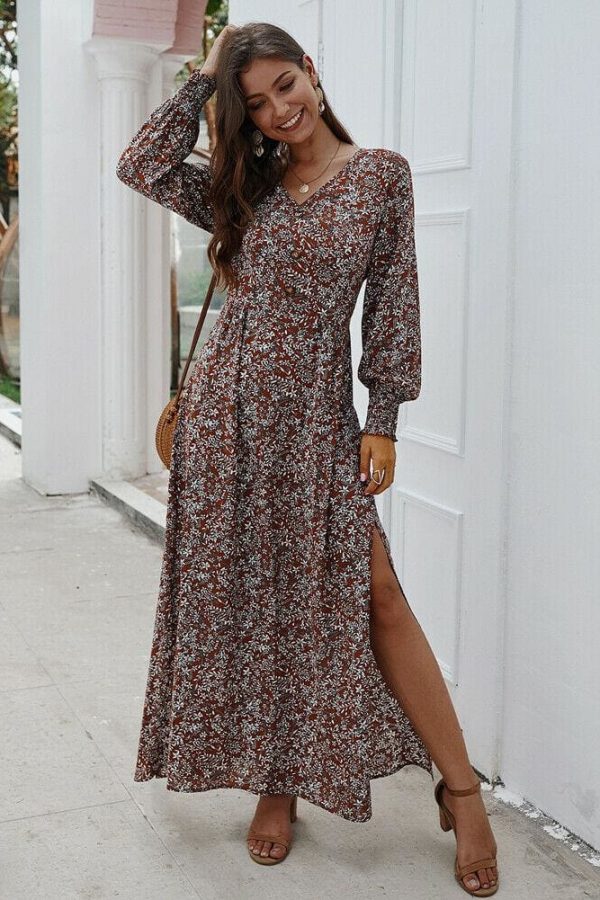 The Best Women Ladies Long Lantern Sleeve Autumn Dress Floral Autumn Pre-fall Holiday Buttons Maxi Dress Online - Takalr