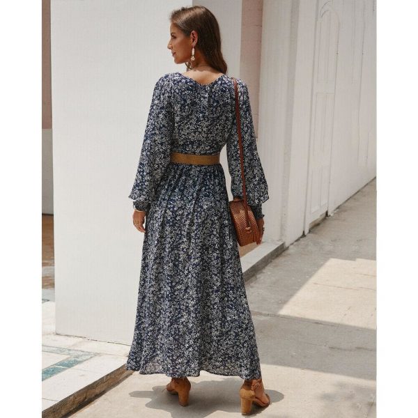 The Best Women Ladies Long Lantern Sleeve Autumn Dress Floral Autumn Pre-fall Holiday Buttons Maxi Dress Online - Takalr