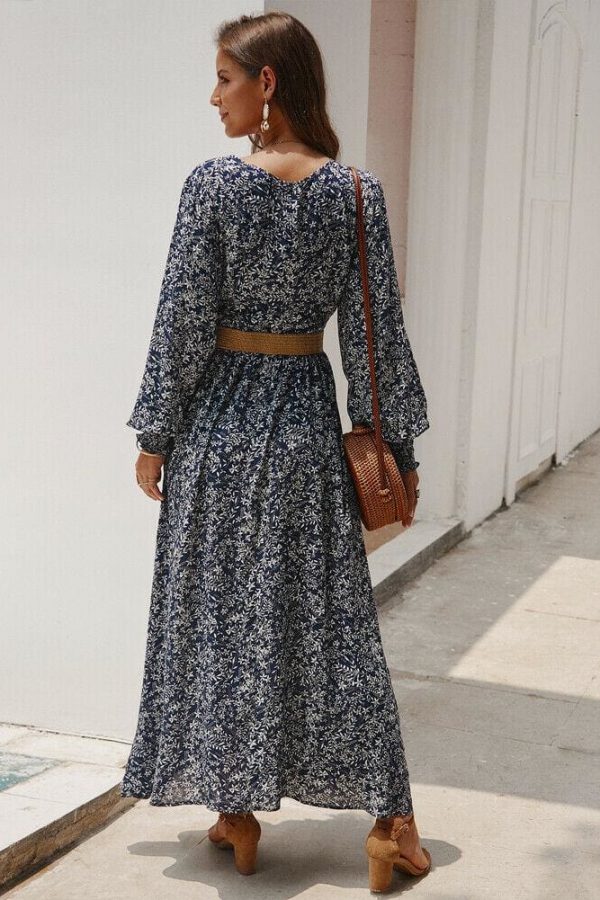 The Best Women Ladies Long Lantern Sleeve Autumn Dress Floral Autumn Pre-fall Holiday Buttons Maxi Dress Online - Takalr