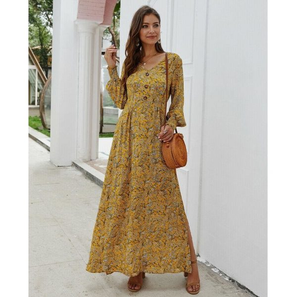 The Best Women Ladies Long Lantern Sleeve Autumn Dress Floral Autumn Pre-fall Holiday Buttons Maxi Dress Online - Takalr