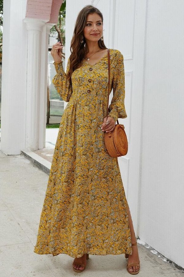 The Best Women Ladies Long Lantern Sleeve Autumn Dress Floral Autumn Pre-fall Holiday Buttons Maxi Dress Online - Takalr