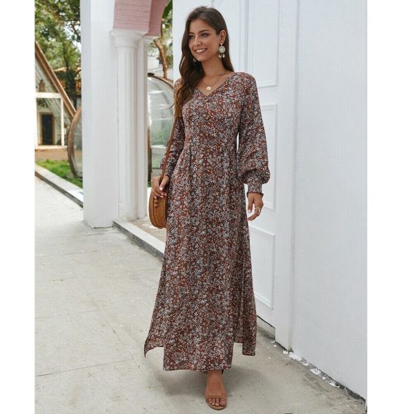 The Best Women Ladies Long Lantern Sleeve Autumn Dress Floral Autumn Pre-fall Holiday Buttons Maxi Dress Online - Takalr