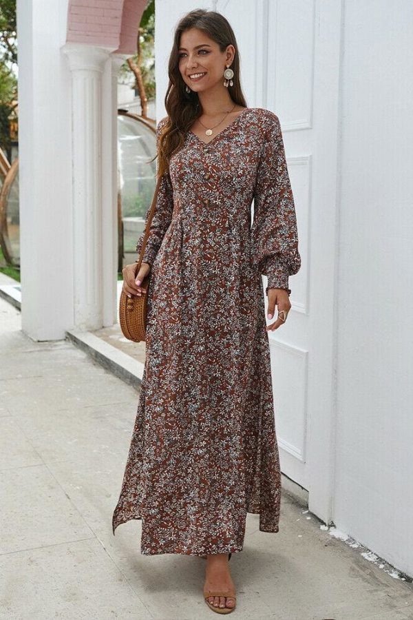 The Best Women Ladies Long Lantern Sleeve Autumn Dress Floral Autumn Pre-fall Holiday Buttons Maxi Dress Online - Takalr