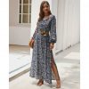 The Best Women Ladies Long Lantern Sleeve Autumn Dress Floral Autumn Pre-fall Holiday Buttons Maxi Dress Online - Takalr