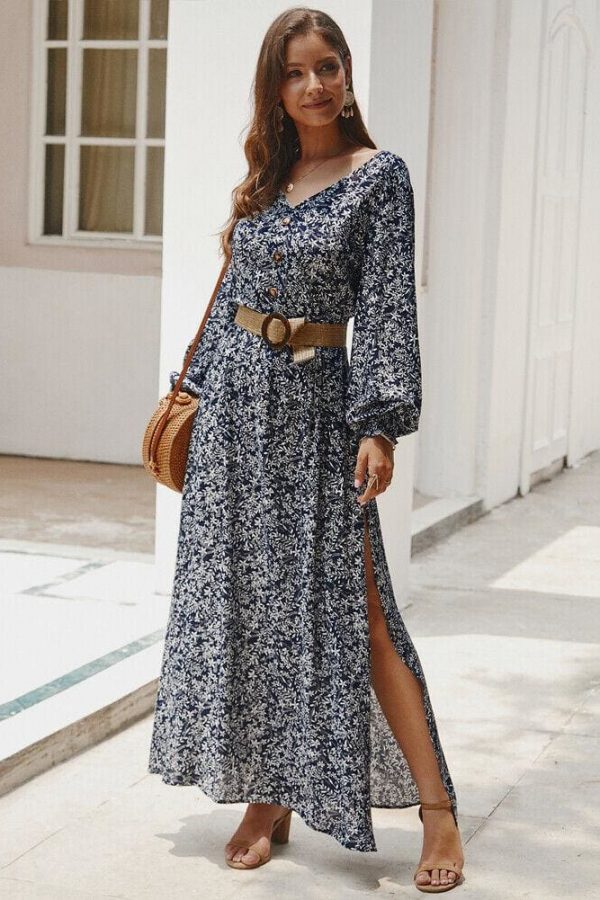 The Best Women Ladies Long Lantern Sleeve Autumn Dress Floral Autumn Pre-fall Holiday Buttons Maxi Dress Online - Takalr