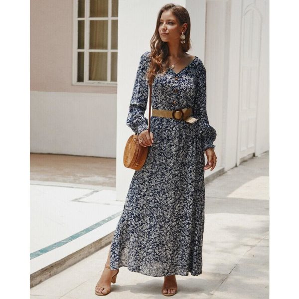 The Best Women Ladies Long Lantern Sleeve Autumn Dress Floral Autumn Pre-fall Holiday Buttons Maxi Dress Online - Takalr