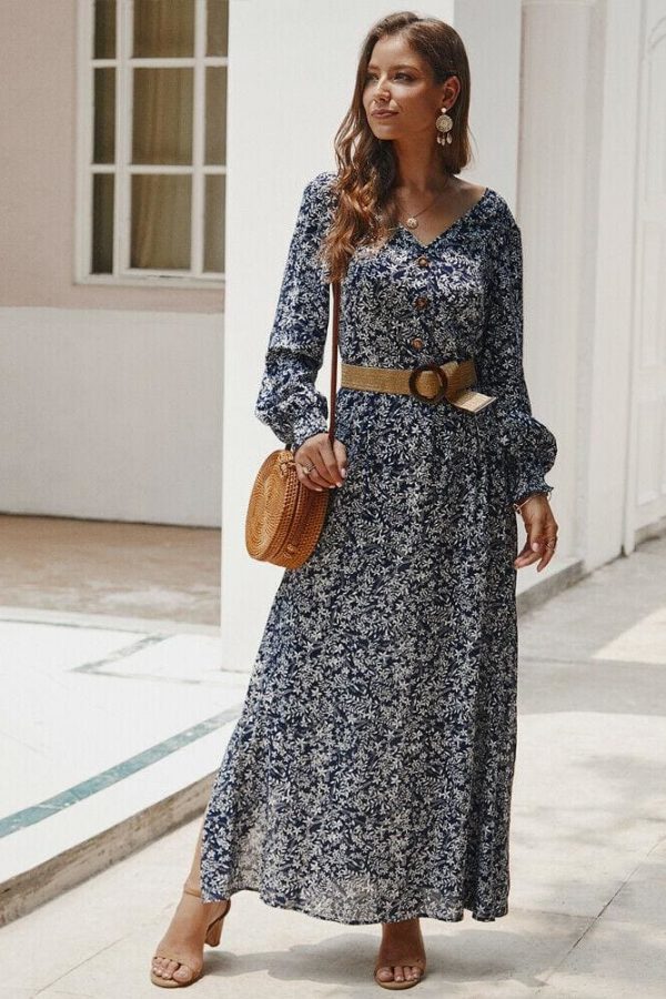 The Best Women Ladies Long Lantern Sleeve Autumn Dress Floral Autumn Pre-fall Holiday Buttons Maxi Dress Online - Takalr