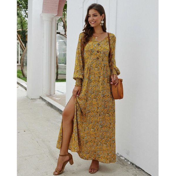 The Best Women Ladies Long Lantern Sleeve Autumn Dress Floral Autumn Pre-fall Holiday Buttons Maxi Dress Online - Takalr