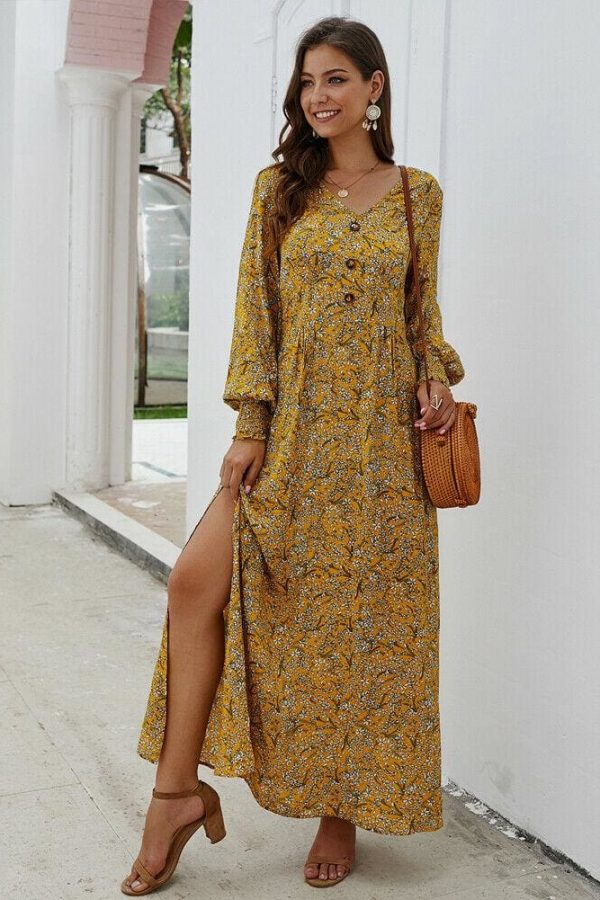 The Best Women Ladies Long Lantern Sleeve Autumn Dress Floral Autumn Pre-fall Holiday Buttons Maxi Dress Online - Takalr