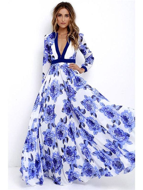 The Best Women Ladies Long Sleeve Maxi Dress Casual Deep V-neck Floral Printed Slim Elegant Long Maxi Dress Online - Takalr