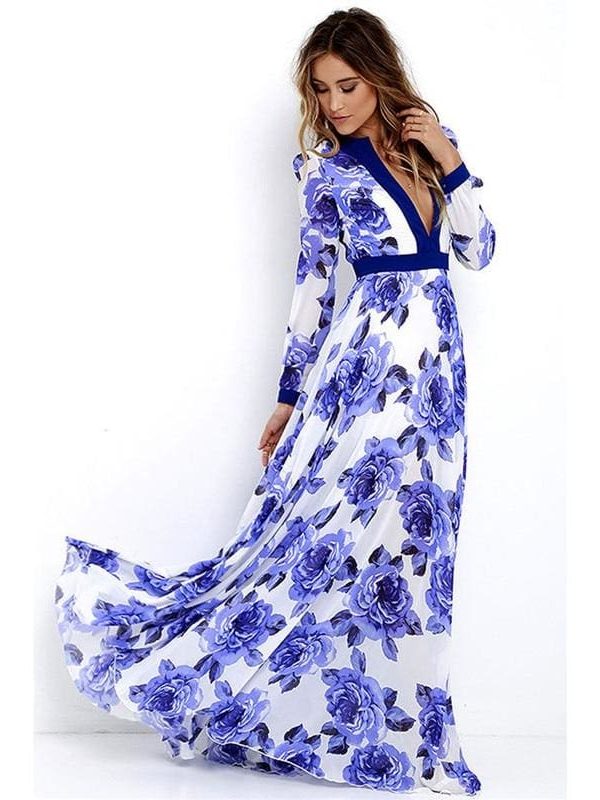 The Best Women Ladies Long Sleeve Maxi Dress Casual Deep V-neck Floral Printed Slim Elegant Long Maxi Dress Online - Takalr