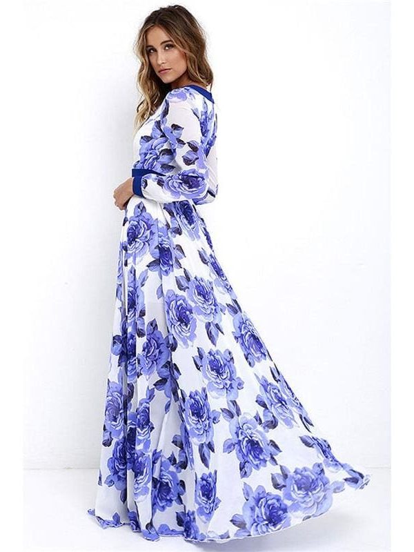 The Best Women Ladies Long Sleeve Maxi Dress Casual Deep V-neck Floral Printed Slim Elegant Long Maxi Dress Online - Takalr