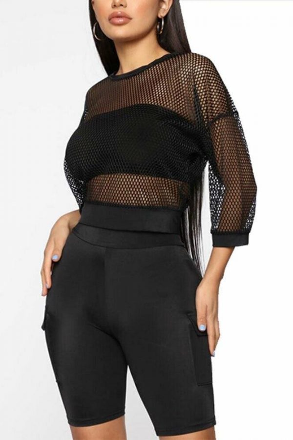 The Best Women Ladies Long Sleeve Mesh Perspective Summer Clubwear Solid Casual Crew Neck Stretchy Top Blouse Online - Takalr