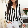 The Best Women Ladies Long Sleeve V-neck Striped Casual Loose Slim Tops Shirt OL Ladies Plain Casual Button Blouse Hot Online - Takalr