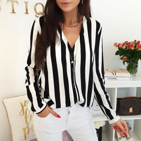 The Best Women Ladies Long Sleeve V-neck Striped Casual Loose Slim Tops Shirt OL Ladies Plain Casual Button Blouse Hot Online - Takalr