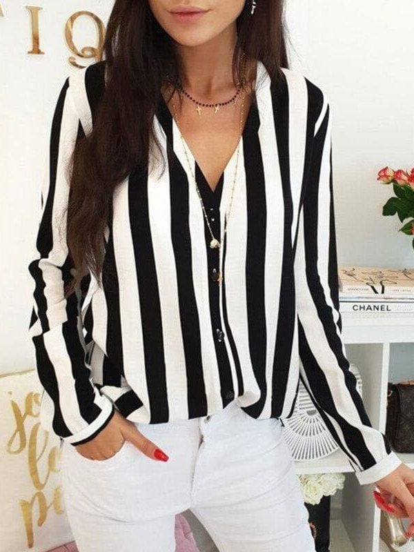 The Best Women Ladies Long Sleeve V-neck Striped Casual Loose Slim Tops Shirt OL Ladies Plain Casual Button Blouse Hot Online - Takalr