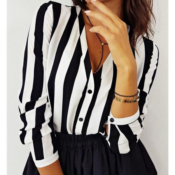 The Best Women Ladies Long Sleeve V-neck Striped Casual Loose Slim Tops Shirt OL Ladies Plain Casual Button Blouse Hot Online - Takalr