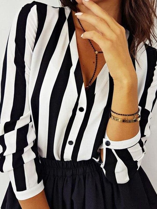 The Best Women Ladies Long Sleeve V-neck Striped Casual Loose Slim Tops Shirt OL Ladies Plain Casual Button Blouse Hot Online - Takalr