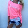 The Best Women Ladies Loose Casual Long Sleeve T-Shirt Fashion Summer Pink Color Letter Cotton Leisure Tops T-Shirt Tees Online - Takalr