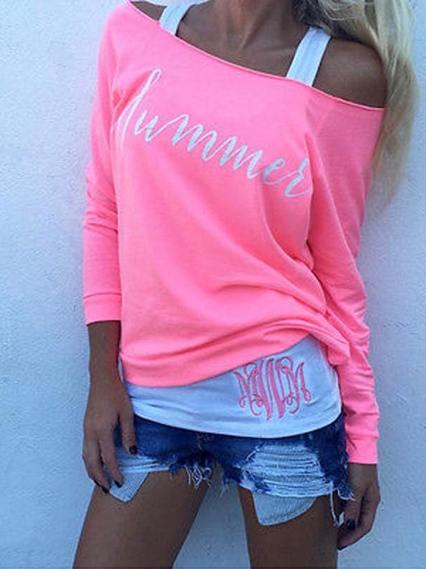 The Best Women Ladies Loose Casual Long Sleeve T-Shirt Fashion Summer Pink Color Letter Cotton Leisure Tops T-Shirt Tees Online - Takalr