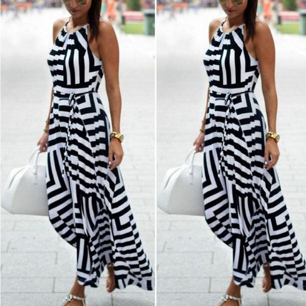 The Best Women Ladies Maxi Boho Floral Long Dress Casual Summer Beach Long Dress Striped Sleeveless High Waist Dress New arrival Sundress Online - Takalr