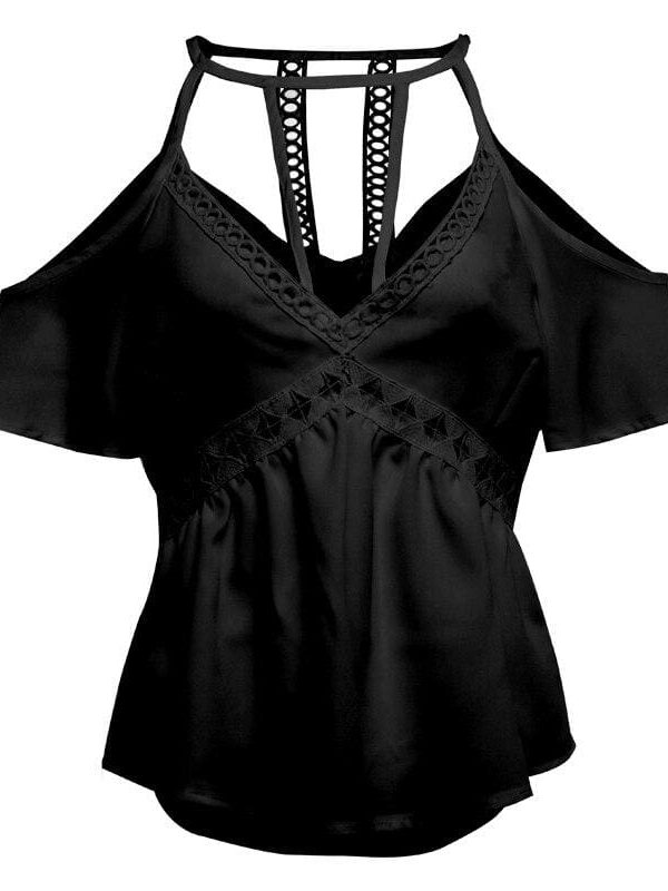 The Best Women Ladies Off Shoulder V-Neck Chiffon Tops Fashion Summer Strappy Blouse Shirt Loose Casual Shirts Online - Takalr